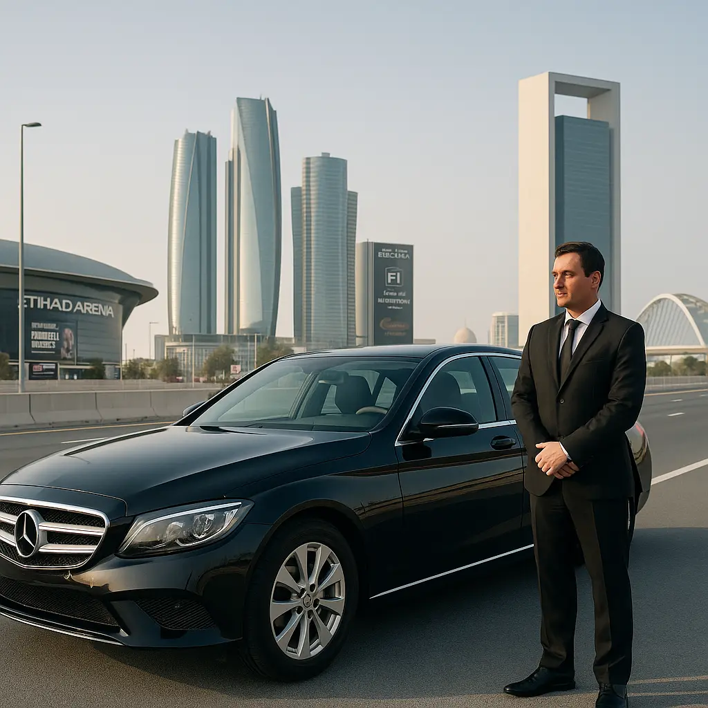 Professional chauffeur standing beside a luxury black car in Abu Dhabi, offering private driver service for events and transfers from Dubai