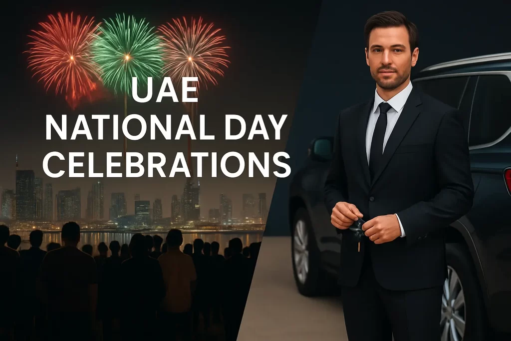 UAE National Day fireworks over Dubai skyline with a professional chauffeur standing beside an SUV, promoting Smooth Drive Safe Driver Dubai for events and late-night returns.
