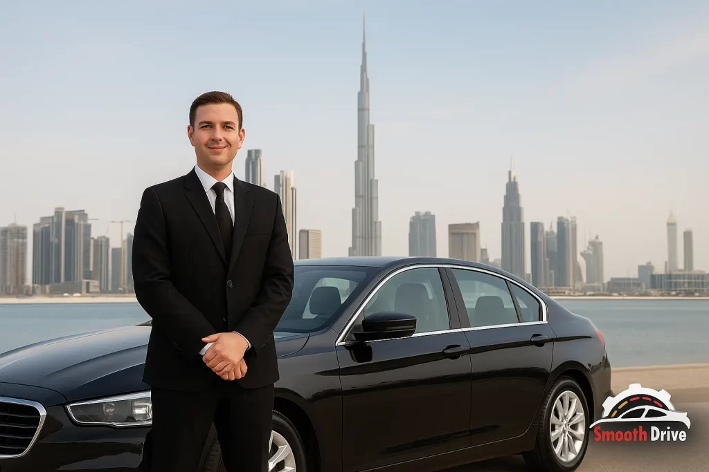Hire a car with driver in Dubai Smooth Drive chauffeur standing beside a luxury sedan with Dubai skyline in the background and SmoothDrive.ae branding.