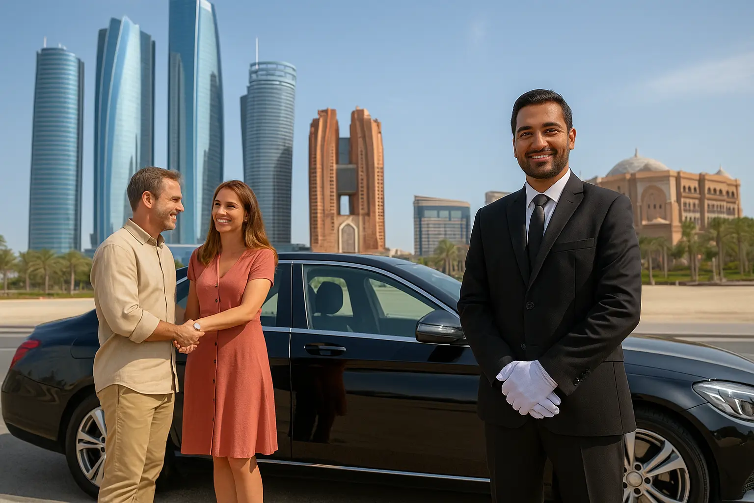 Safe driver in Abu Dhabi standing beside a black luxury car, with a smiling couple and Emirates Palace and city skyline in the background.