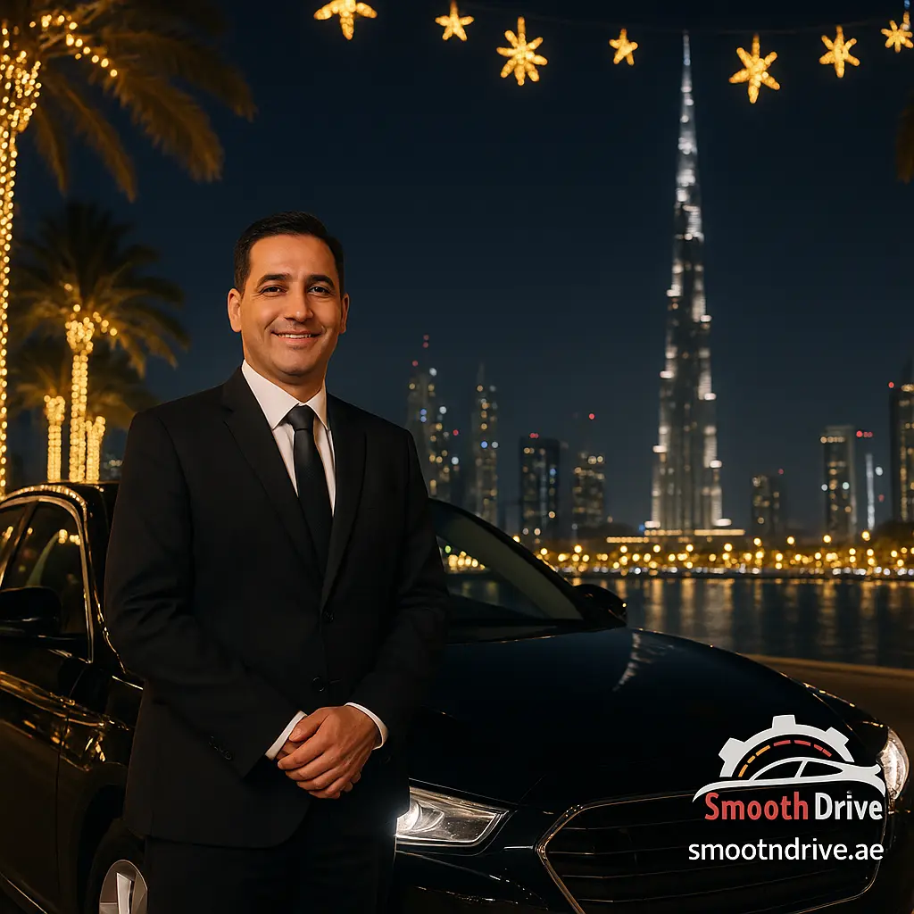 Safe driver Dubai near me professional chauffeur beside a black sedan with Burj Khalifa and festive December lights in the background, Smooth Drive logo.