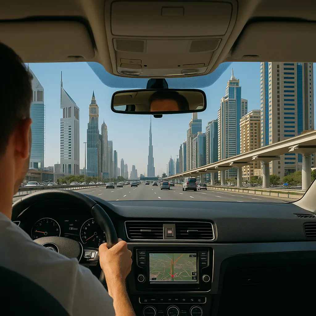 Safe driver in Dubai driving along Sheikh Zayed Road with Burj Khalifa and skyscrapers ahead