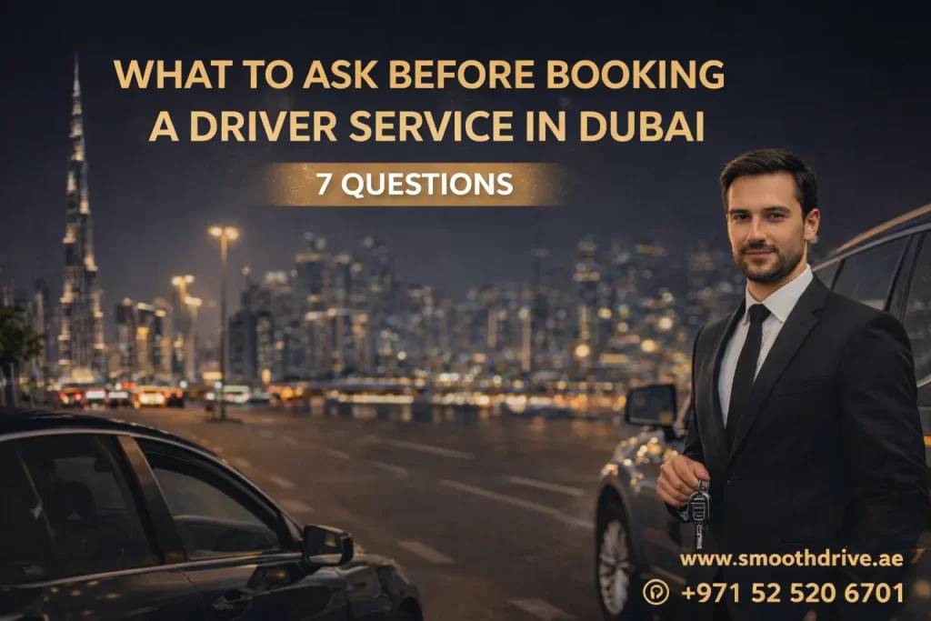 a Driver standing with car background dubai and text Checklist Before booking